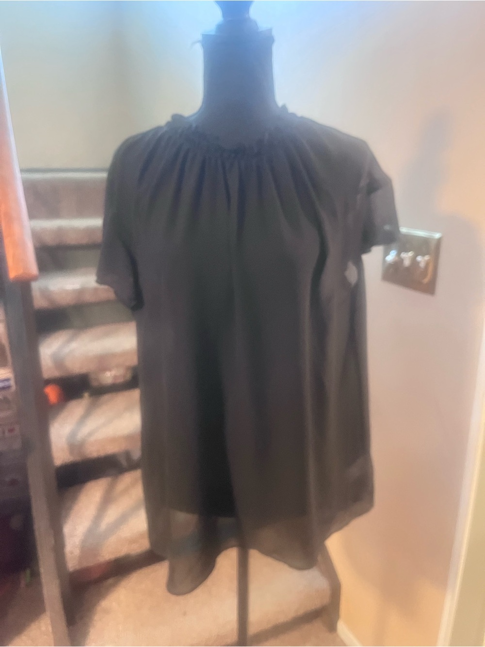 Express Black Chiffon Sheer Mock Neck Lettuce Trim Short Sleeve Blouse Size L
